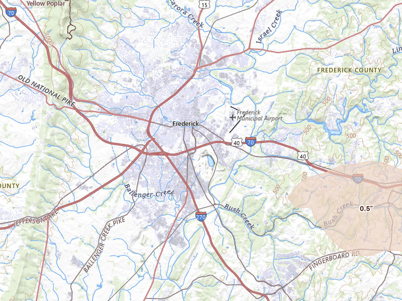 Radar-estimated hail-size map of the storm over Frederick, MD on Jul 28, 2026
