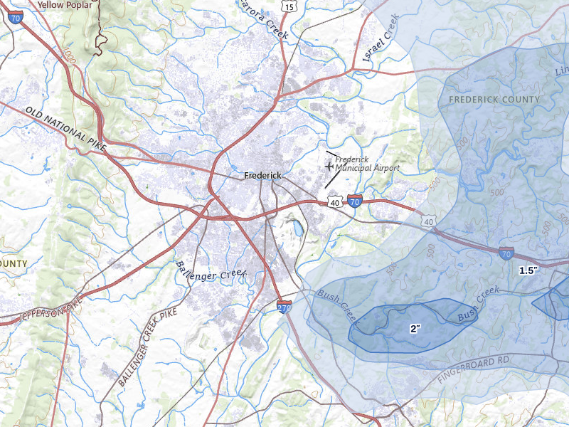NEXRAD radar-signature map of the hail storm over Frederick, MD on Jul 28, 2026