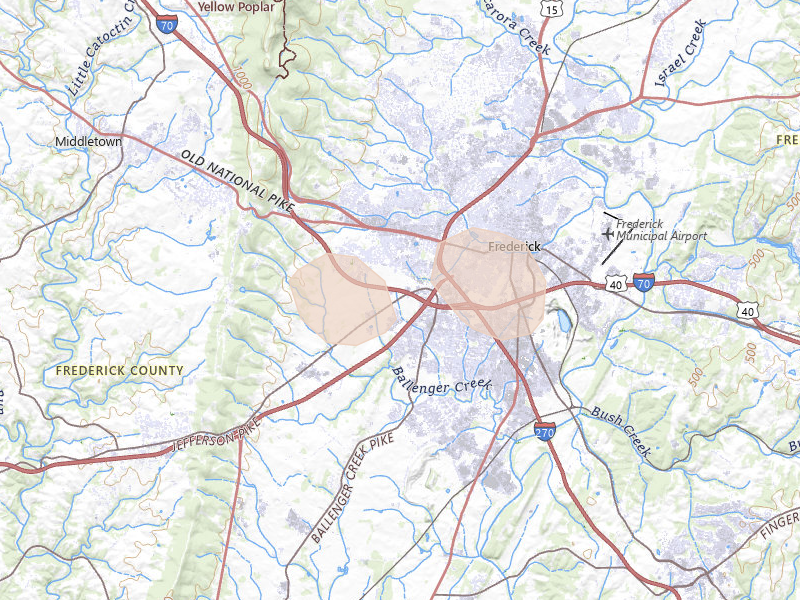 Radar-estimated hail-size map of the storm over Frederick, MD on Aug 10, 2026