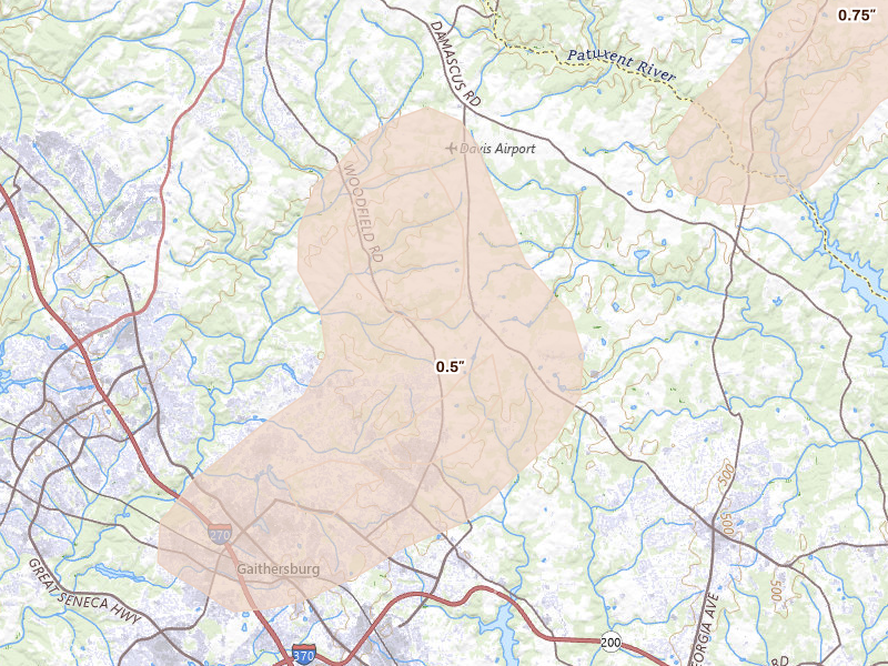 Radar-estimated hail-size map of the storm over Gaithersburg, MD on Jul 4, 2026