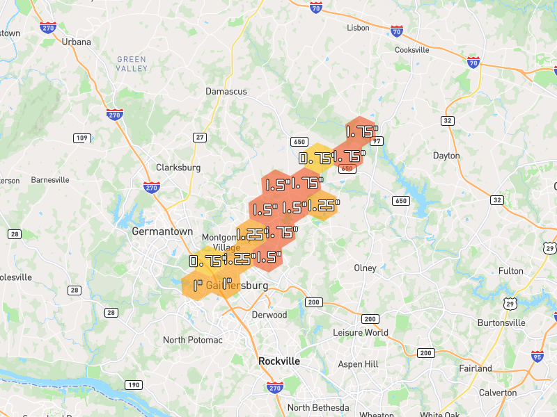 Hail map of Gaithersburg, MD on Jul 4, 2026, hail up to 1.75"
