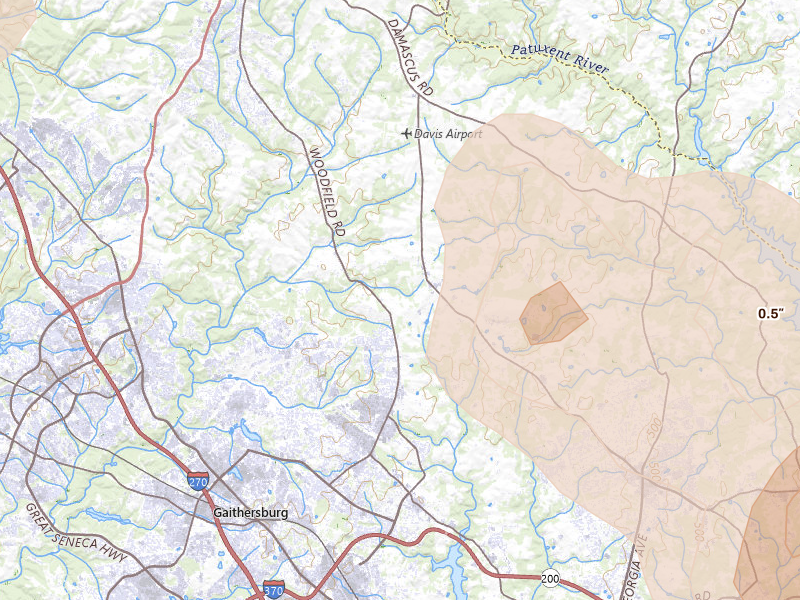Radar-estimated hail-size map of the storm over Gaithersburg, MD on Jul 5, 2026