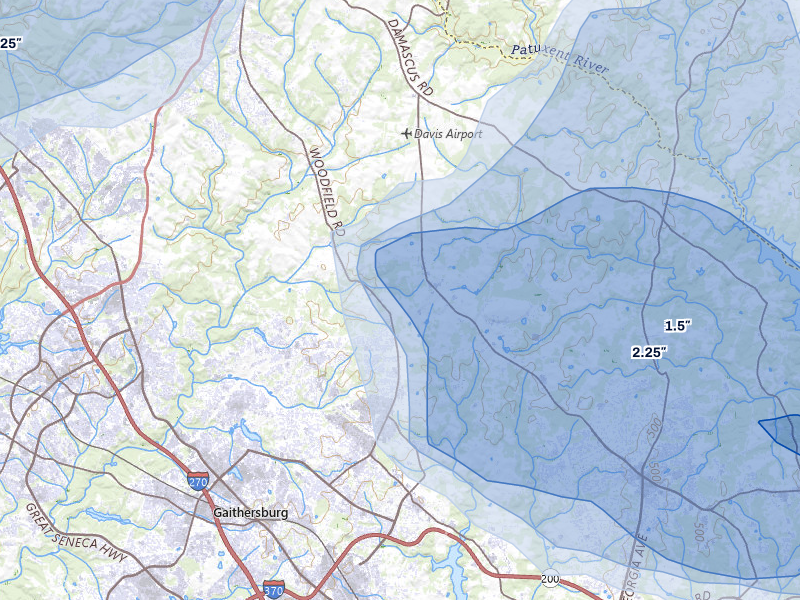 NEXRAD radar-signature map of the hail storm over Gaithersburg, MD on Jul 5, 2026