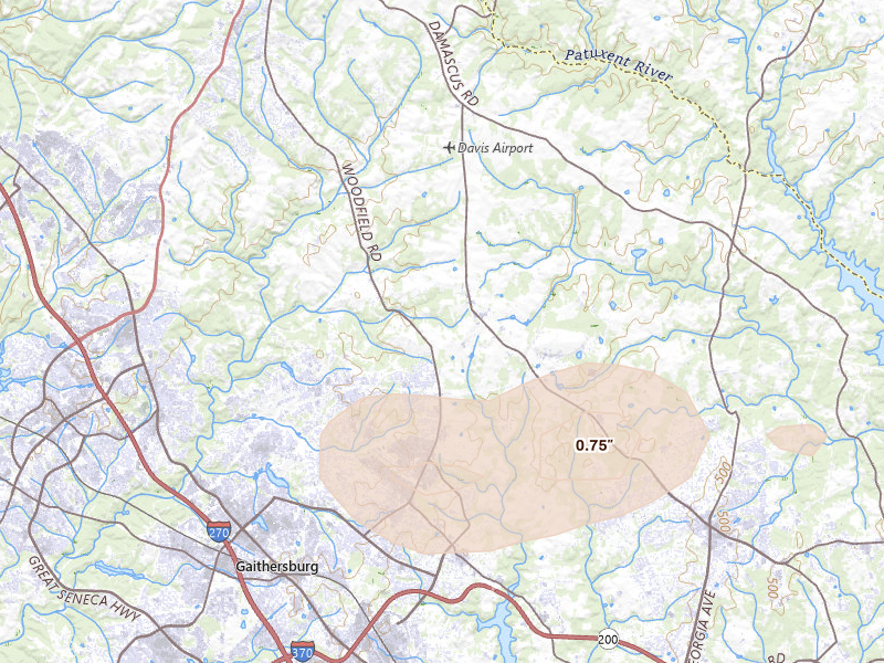 Radar-estimated hail-size map of the storm over Gaithersburg, MD on Jul 18, 2026