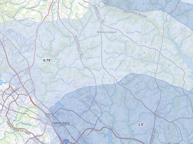 NEXRAD radar-signature map of the hail storm over Gaithersburg, MD on Jul 28, 2026