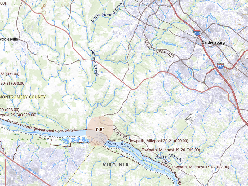 Radar-estimated hail-size map of the storm over Germantown, MD on Aug 7, 2026