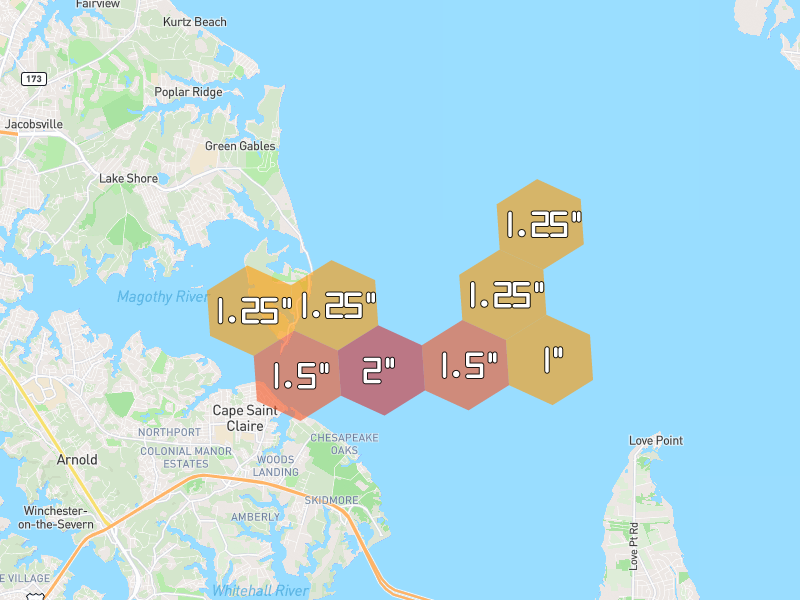 Hail map of Gibson Island, MD on Jul 4, 2026, hail up to 2"