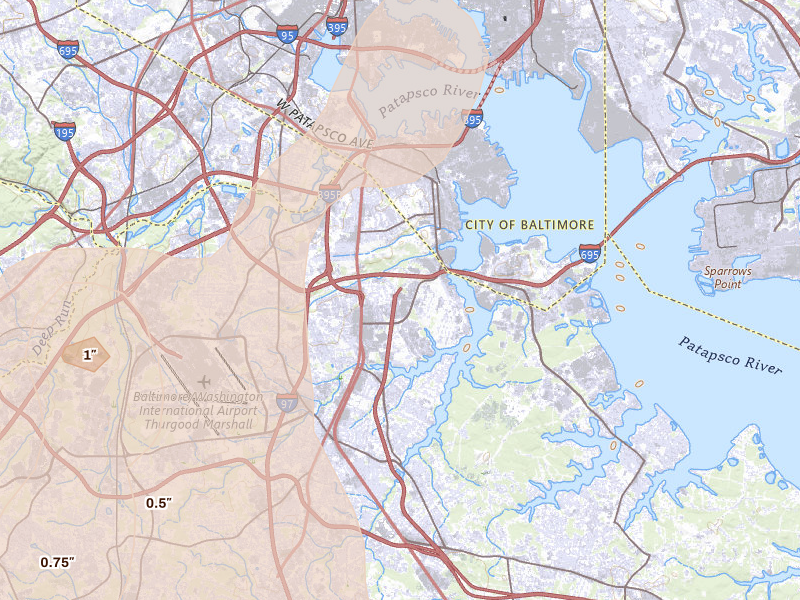 Radar-estimated hail-size map of the storm over Glen Burnie, MD on Jul 4, 2026