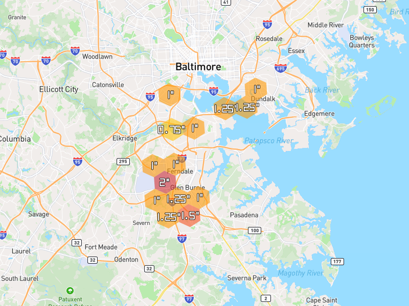 Hail map of Glen Burnie, MD on Jul 4, 2026, hail up to 2"