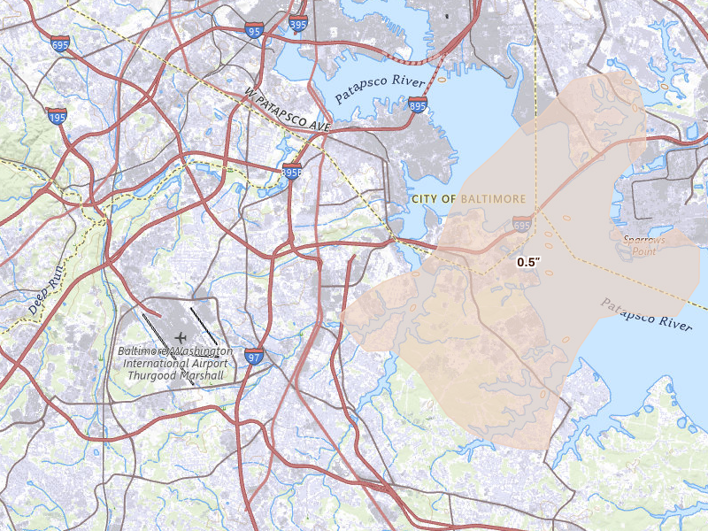 Radar-estimated hail-size map of the storm over Glen Burnie, MD on Jul 5, 2026