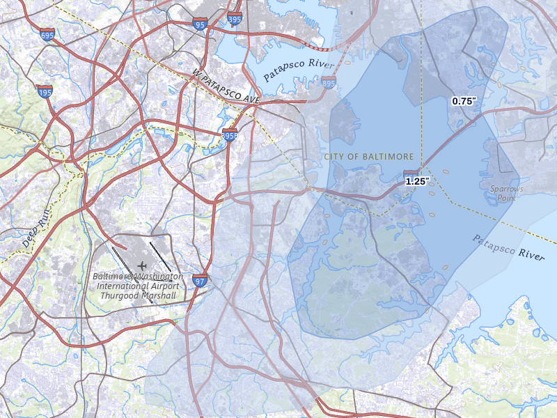 NEXRAD radar-signature map of the hail over Glen Burnie, MD