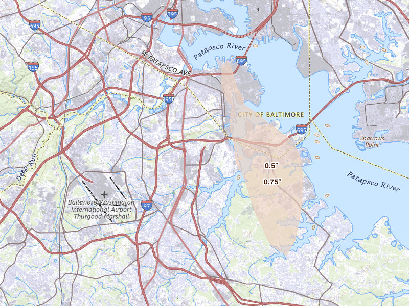 Radar-estimated hail-size map of the storm over Glen Burnie, MD
