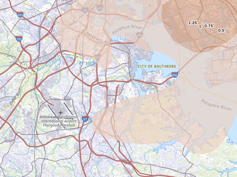 Radar-estimated hail-size map of the storm over Glen Burnie, MD on Jul 28, 2026