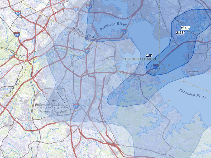 NEXRAD radar-signature map of the hail over Glen Burnie, MD