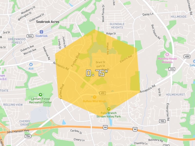 Hail map of Glenn Dale, MD on Jul 4, 2026, hail up to 0.75"