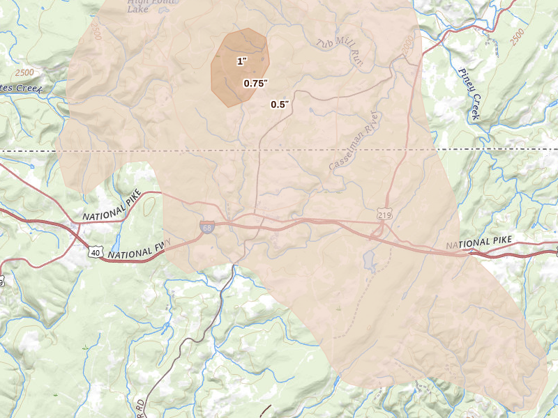 Radar-estimated hail-size map of the storm over Grantsville, MD on Aug 10, 2026