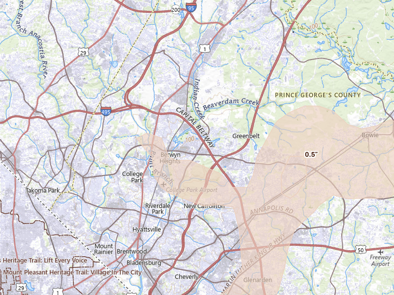 Radar-estimated hail-size map of the storm over Greenbelt, MD on Jul 5, 2026