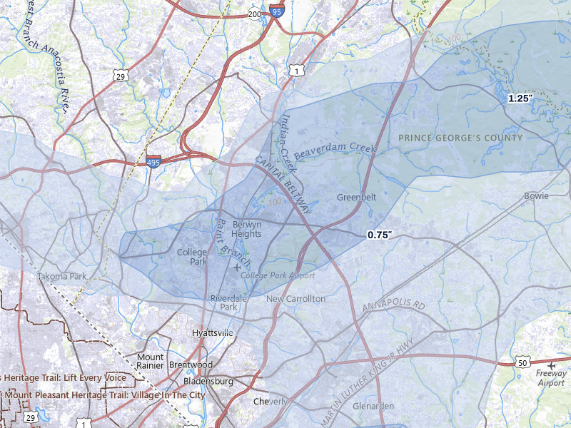 NEXRAD radar-signature map of the hail storm over Greenbelt, MD on Jul 5, 2026