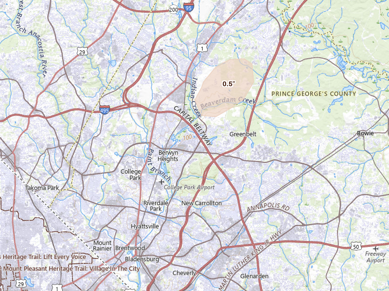 Radar-estimated hail-size map of the storm over Greenbelt, MD on Aug 7, 2026