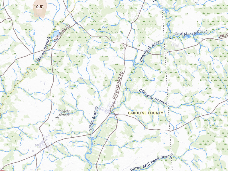 Radar-estimated hail-size map of the storm over Greensboro, MD on Jul 5, 2026