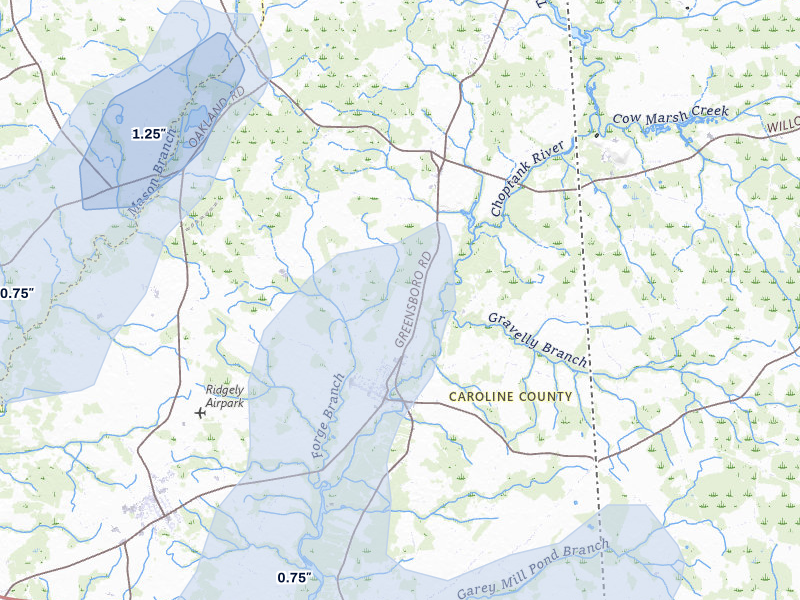 NEXRAD radar-signature map of the hail storm over Greensboro, MD on Jul 5, 2026