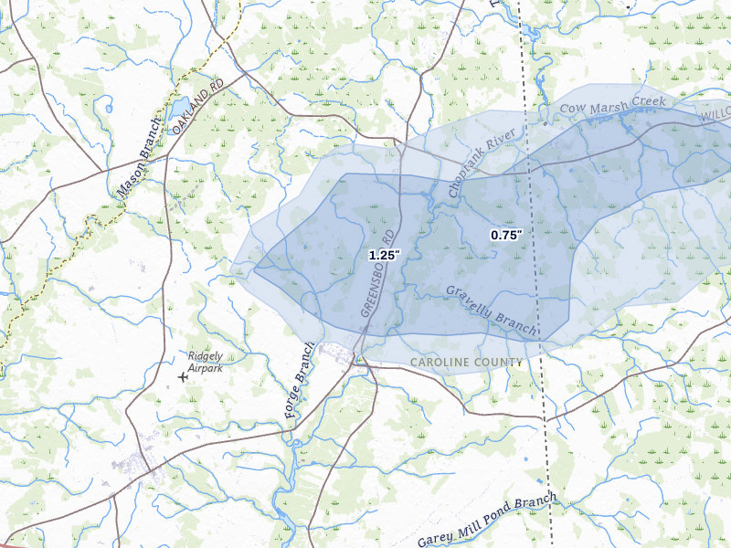 NEXRAD radar-signature map of the hail over Greensboro, MD