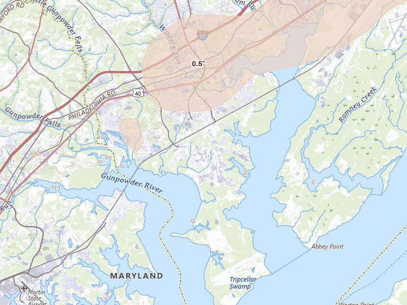 Radar-estimated hail-size map of the storm over Gunpowder, MD on Jul 28, 2026