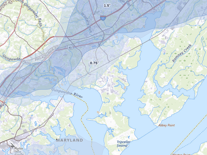NEXRAD radar-signature map of the hail storm over Gunpowder, MD on Jul 28, 2026