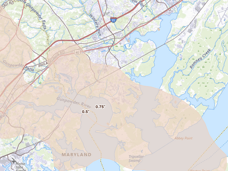 Radar-estimated hail-size map of the storm over Gunpowder, MD on Aug 10, 2026