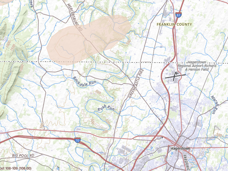 Radar-estimated hail-size map of the storm over Hagerstown, MD on May 20, 2026