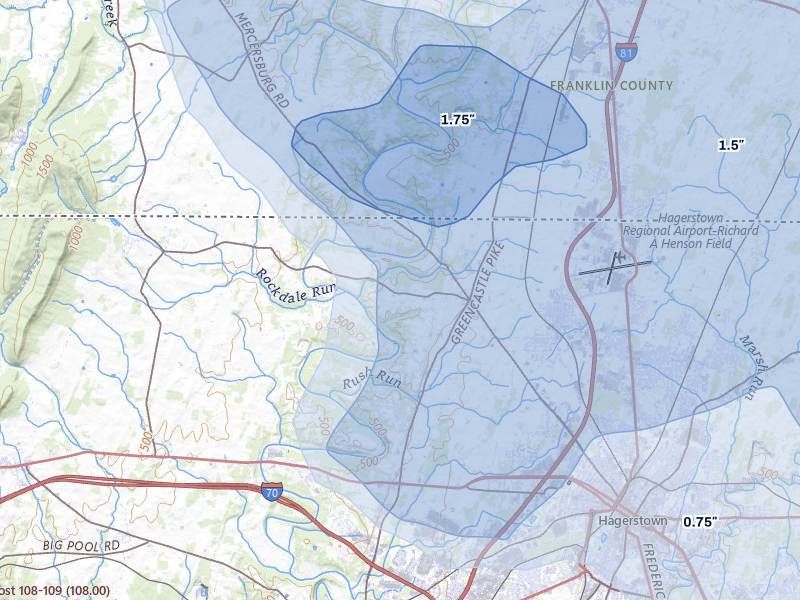 NEXRAD radar-signature map of the hail storm over Hagerstown, MD on Jul 28, 2026