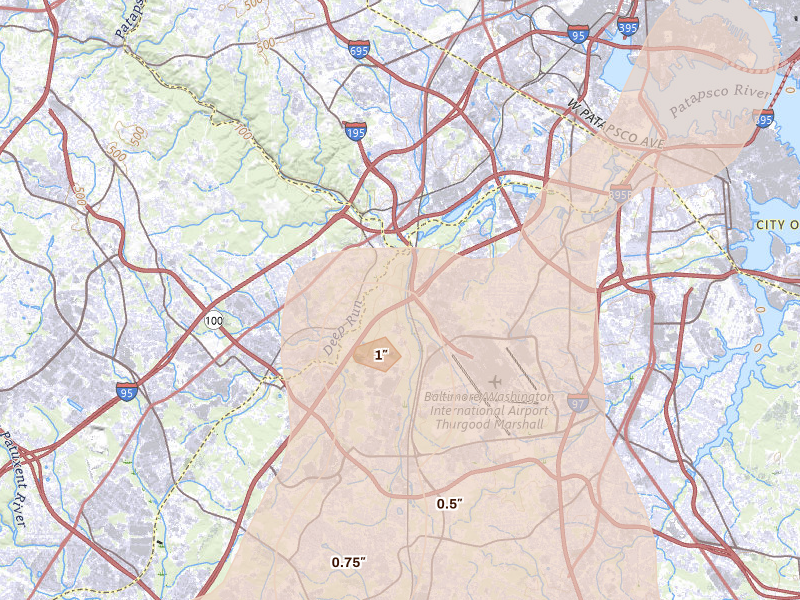 Radar-estimated hail-size map of the storm over Hanover, MD on Jul 4, 2026