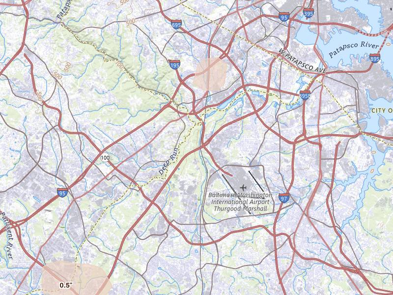 Radar-estimated hail-size map of the storm over Hanover, MD on Jul 17, 2026