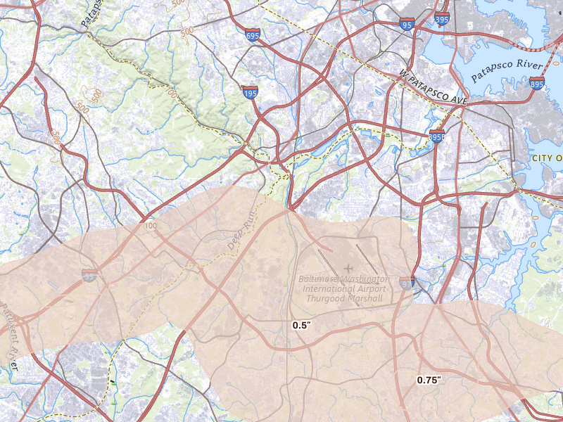 Radar-estimated hail-size map of the storm over Hanover, MD on Jul 18, 2026