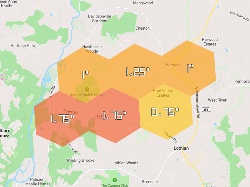 Hail map of Harwood, MD on Jul 21, 2026, hail up to 1.75"