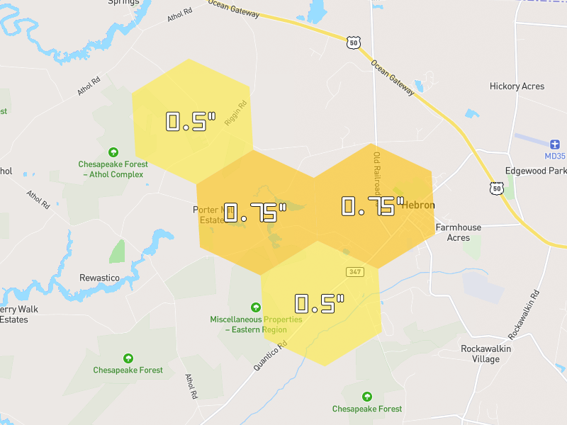 Hail map of Hebron, MD on Jul 6, 2026, hail up to 0.75"