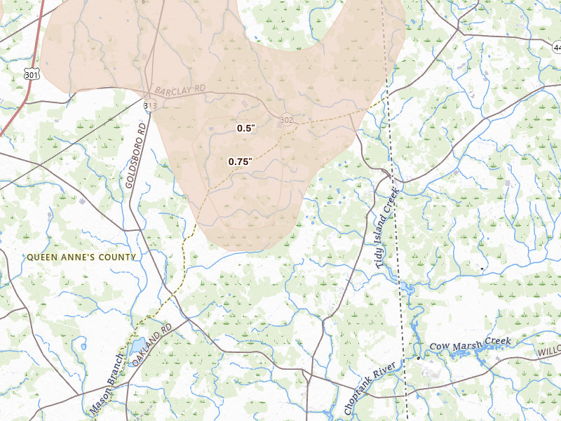 Radar-estimated hail-size map of the storm over Henderson, MD on Jul 4, 2026