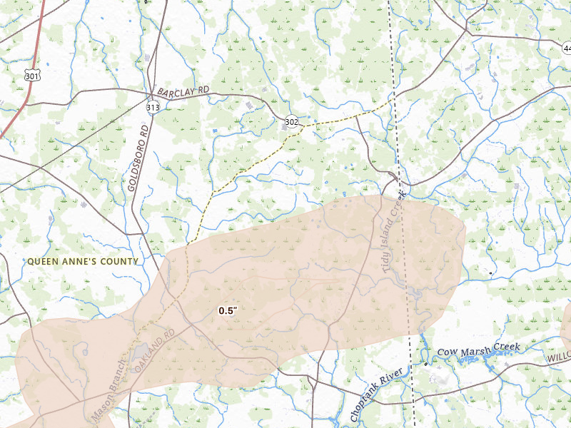 Radar-estimated hail-size map of the storm over Henderson, MD on Jul 18, 2026