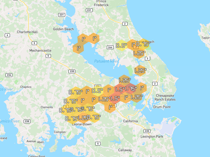 Hail map of Hollywood, MD on Jul 4, 2026, hail up to 1.75"