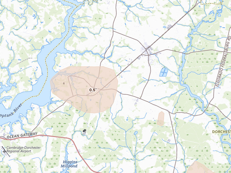 Radar-estimated hail-size map of the storm over Hurlock, MD on Jul 6, 2026