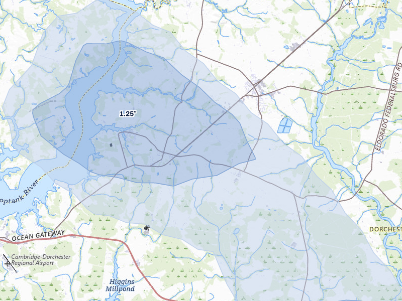 NEXRAD radar-signature map of the hail over Hurlock, MD