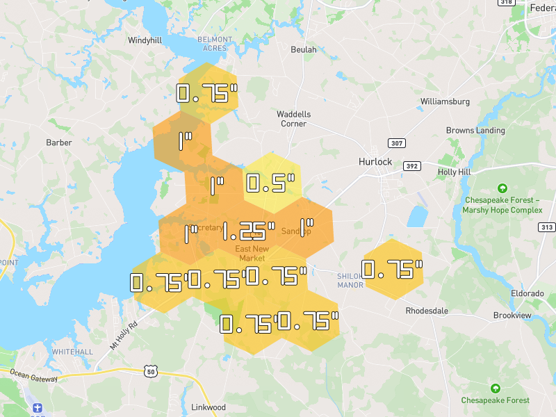 Hail map of Hurlock, MD on Jul 6, 2026, hail up to 1.25"