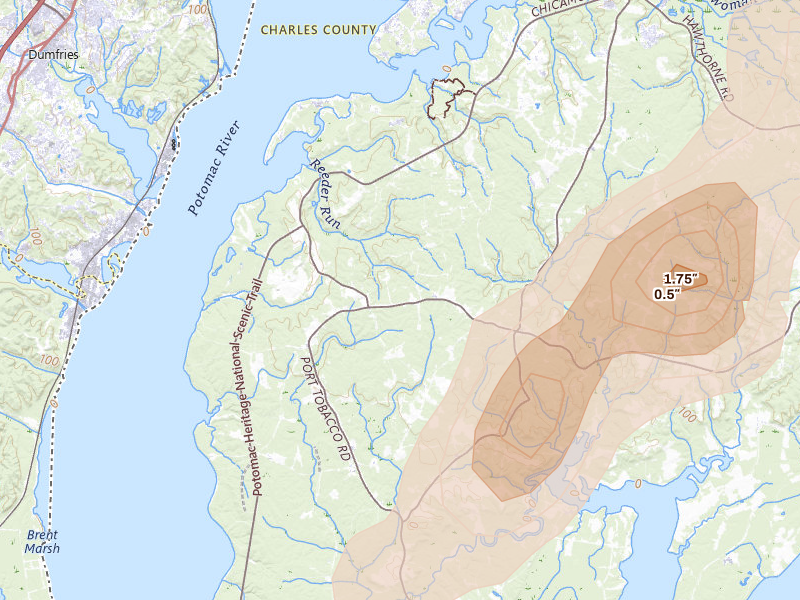 Radar-estimated hail-size map of the storm over Indian Head, MD on Jun 14, 2026