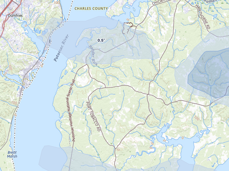 NEXRAD radar-signature map of the hail storm over Indian Head, MD on Jul 9, 2026
