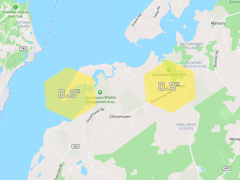 Hail map of Indian Head, MD on Jul 9, 2026, hail up to 0.5"