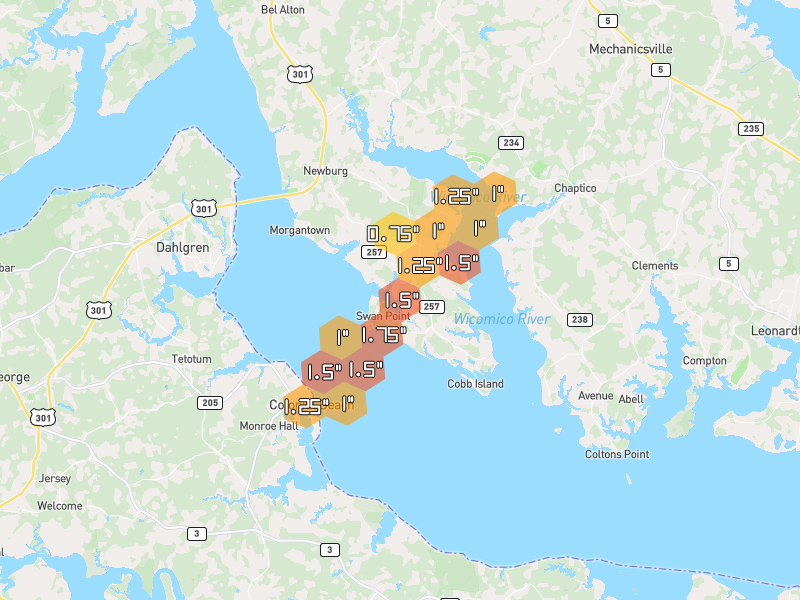 Hail map of Issue, MD on Jul 4, 2026, hail up to 1.75"
