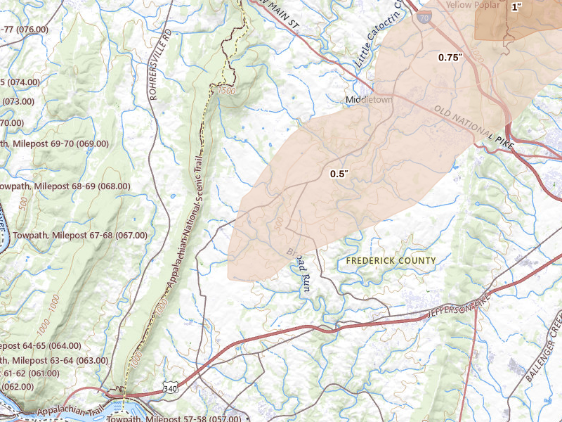 Radar-estimated hail-size map of the storm over Jefferson, MD on Jul 4, 2026