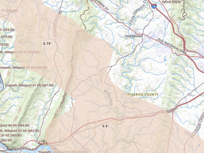 Radar-estimated hail-size map of the storm over Jefferson, MD on Aug 27, 2026