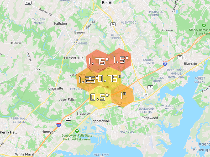 Hail map of Joppa, MD on Jul 4, 2026, hail up to 1.75"