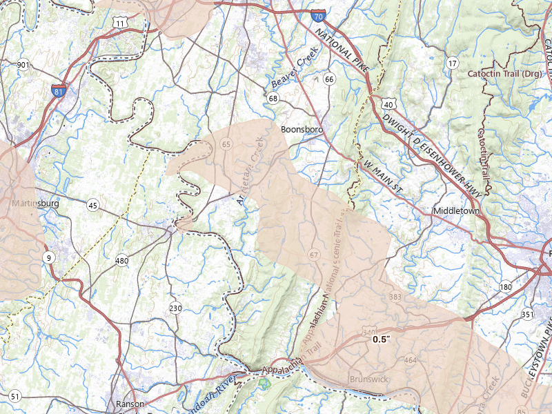 Radar-estimated hail-size map of the storm over Keedysville, MD on Aug 27, 2026